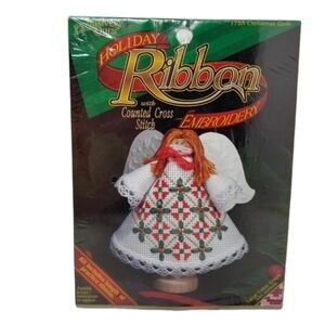 Counted Cross Stitch Kit Holiday Ribbon Wood Christmas Quilt Angel Embroidery